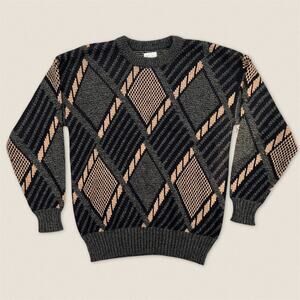 Vintage 90s Green Tan Argyle Diamond Pattern‎ Grandpa Sweater - Size Medium